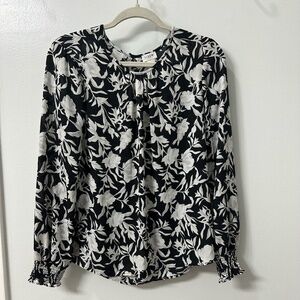 J. Crew Black and White Floral Smocked Cuff Long Sleeve Blouse Sz. S